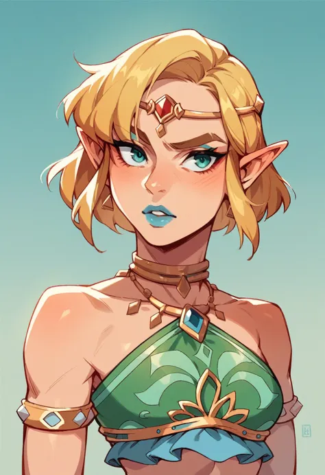 gerudo zelda, blue lips, blonde, short hair