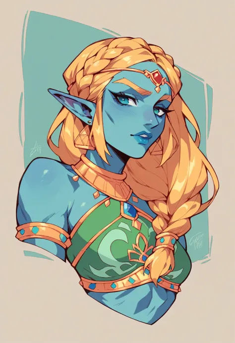 gerudo zelda, blue lips, blonde, braid