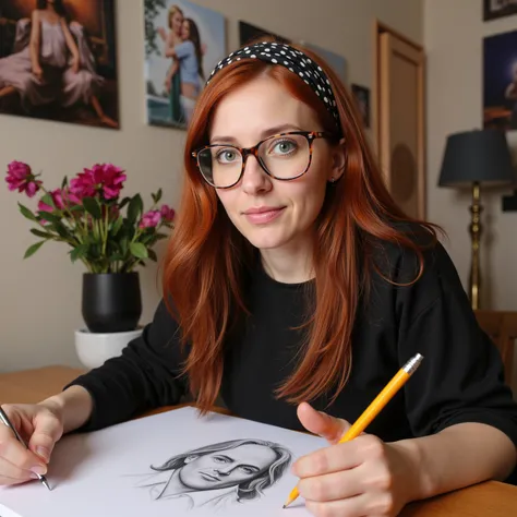 Ultra realistic. A woman with red hair and glasses is sitting at the table. The woman has a half scarf in her hair. The womans age is in her 30s, there is a pencil and an A4 paper on the table.A woman is drawing a portrait of a man on paper. The woman is d...