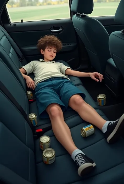 14-year-old tall drunk male teenager in school uniform blue shorts and black sneakers with curly hair sleeping lying on the seat behind the car with several beer cans around him 