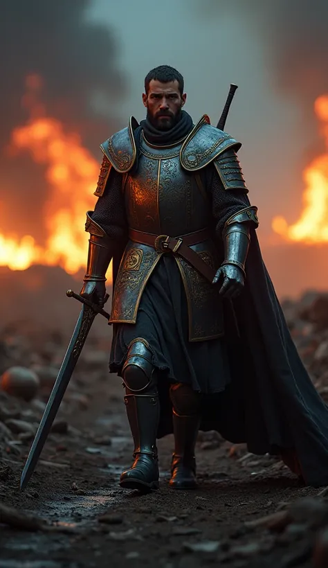 a medieval soldier in armor, with sword, looking at the camera walking, illuminated by night, cinematic, war scene, in 8k