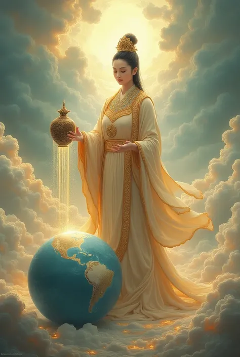 God Kuan Yin pouring a jar containing healing oils over the world 