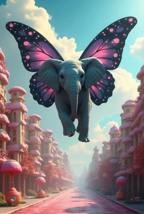 It generates a landscape and that in the center ,  a flying elephant with butterfly wings ,  whose wings are adorned with patterns of galaxies and bright stars.  This majestic animal crosses the sky above a city of candies ,  where the buildings are made o...