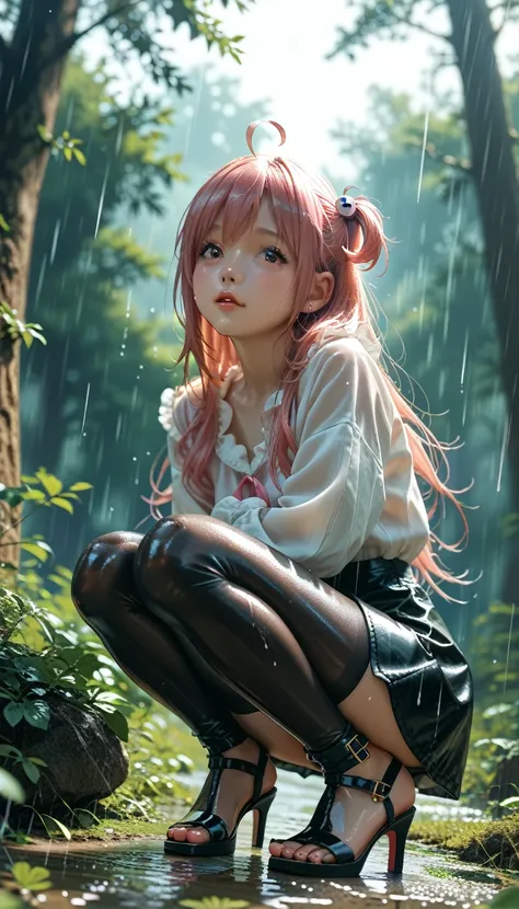 (Honoka the Troubled Face,Squat,),In the dark forest,Baby Face,Petite,Glossy Skin, shiny skin, long hair,Ahoge,Cute face,whole body,View from below,heavy rain,High heel sandals,Black tights