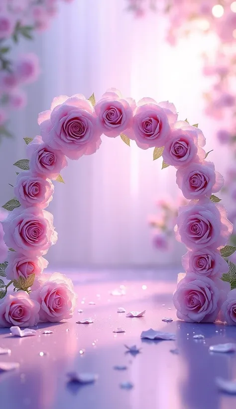 Gently lilac background beautiful roses on a lilac arch-shaped background, the floor is dark purple with dew drops