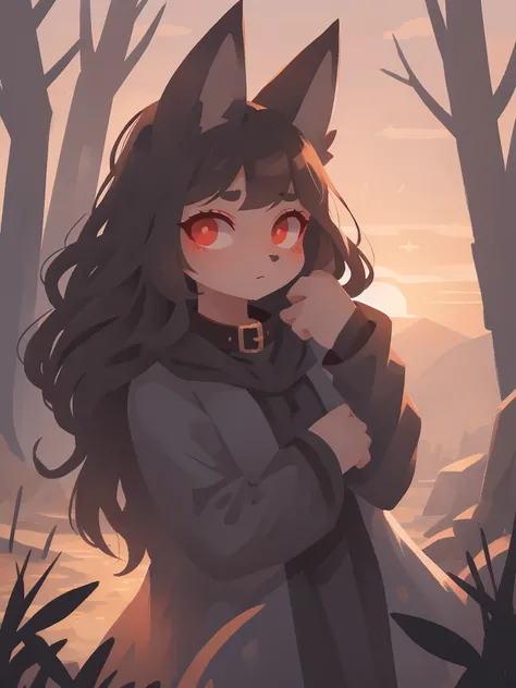 Dont Starve style, masterpiece, best quality, ultra-detailed, illustration, 1girl, black long hair, full red eyes, wolf ears, black mantle, fluffy collar, sunset