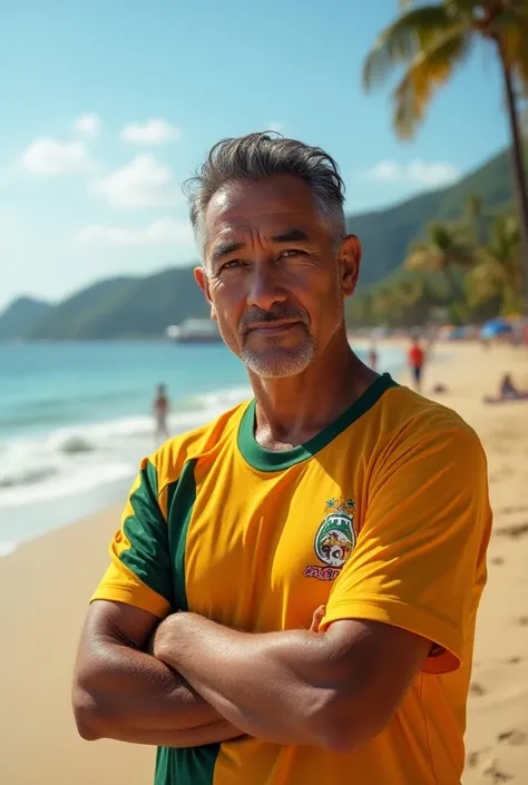  Create a real photo of a 41-year-old man ,  with a low to medium beauty standard , graying black hair, About 72 kg and 1 ,75 meters high,  brown eyes.  The photo must be from the shoulder up ,  in the background of a beach in Rio de Janeiro and wearing a ...