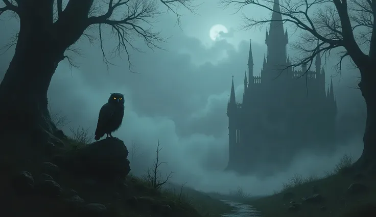 hard fog, dark ambient, gothic elements, owl