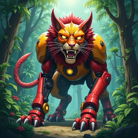 Draw a robot lion in its animal form, red and yellow colors, jungle background, art style by Yugioh .