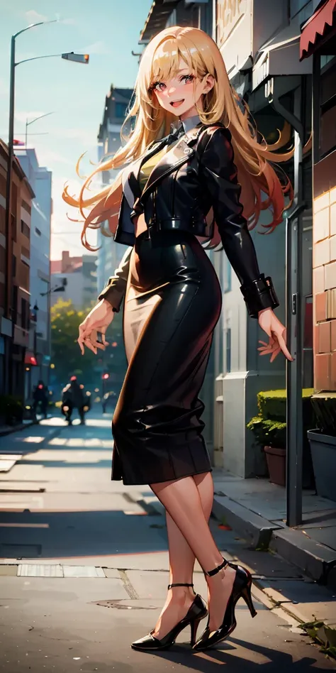 Marin Kitagawa,(best quality:1.6, highres), (beautiful detailed eyes:1.2), elevated, high-quality, beautiful face, 1 girl, leather pencil skirt, oversized leather jacket, blackbird, long hair, wide hips, landscape beautification, street, background, detail...