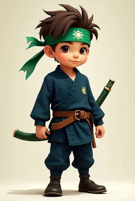 Make me an image of a boy with brown hair and a green band with a symbol of the sun on his head and who wears a dark blue ninja suit and black pants with leather shoes, a leather belt up to his right shoulder and hanging a green katana with Mexican doodles...