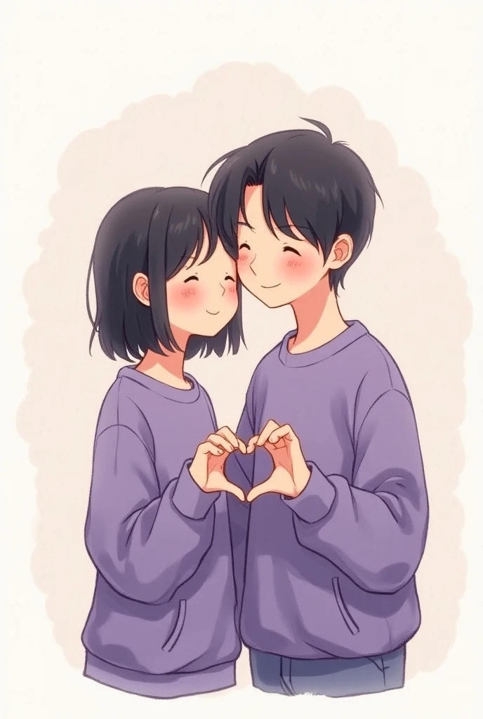 Couple in drawing, white woman short black hair without bangs wearing purple sweatshirt , smooth-haired man with black bangs white skin wearing purple sweatshirt smiling making a heart


