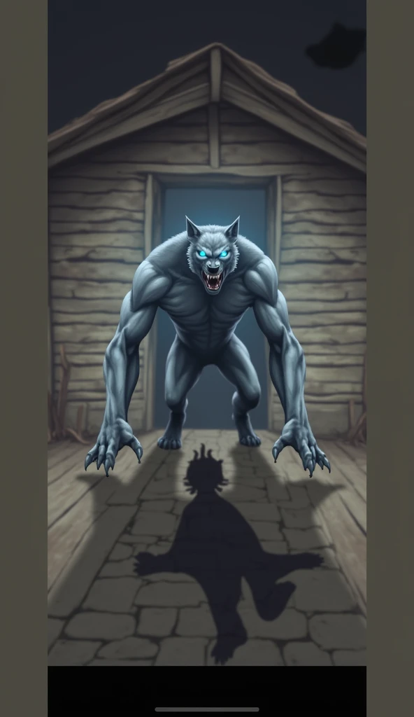  A werewolf-like creature with glowing blue eyes , is crouched at the entrance of a rustic house .  The atmosphere is dark and mysterious with long shadows casting from the character and an overall sense of suspense.  A dark, undefined shape sits on the fl...