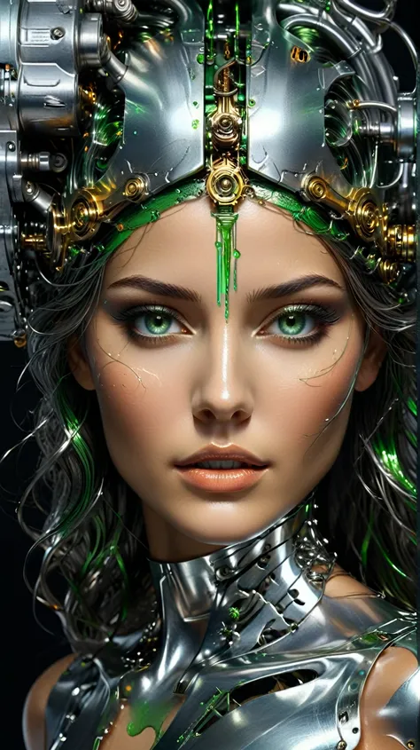 Metalworking model, Image of woman with left side like intricate and detailed liquid metal machinery, dynamic, sparkling, reflective, natural right side, smooth human face, seamless transition, expressive green eyes, intriguing, hair flows gracefully, like...