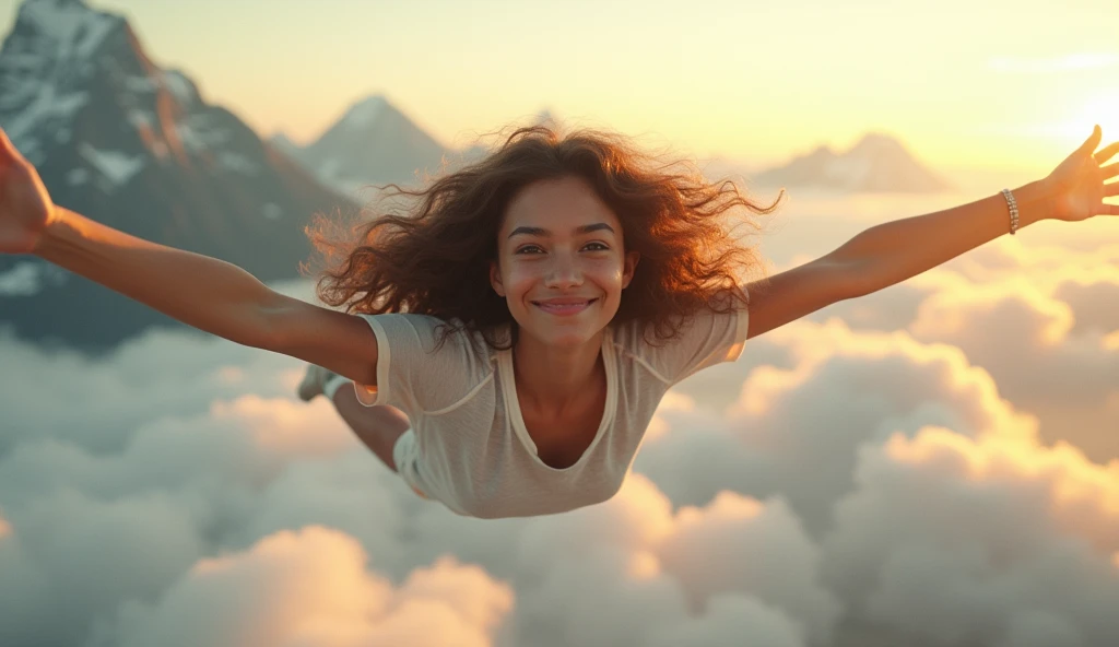 (photorealism:1.2), beautiful teenager, flying trough clouds, long curly hair, indoors, soft lighting, mountains in background, relaxed brave pose, realistic, intricate details, warm colors, soundown