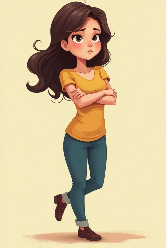 a humorous, realistic full-body depiction of a pretty brunette woman disappointed, arms folded, subtle gradient effect, reminiscent of a whimsical, illustrative style, with bold lines, vibrant colors, and playful textures, capturing the playful, absurdity ...