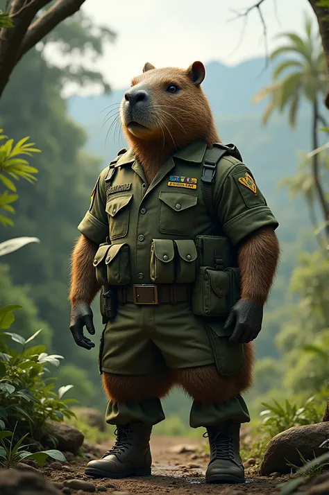 Humanoid capybara wearing Brazilian army clothes, realistic image, 4K