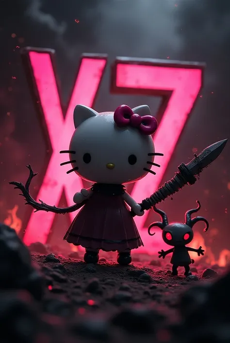 Put the Initials  "X-T-Z"  in black with pink and Gothic style ,  in the middle of the image with a dark background and shadows that highlight the texture.
- Hello Kitty with a pink bow in her hand ,  fighting demons in hell 
Accompanied by a demon helping...