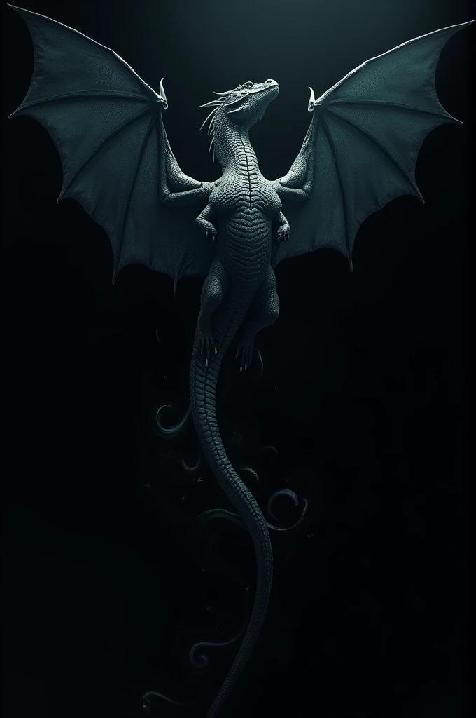 A dragon flying upward on a totally black background