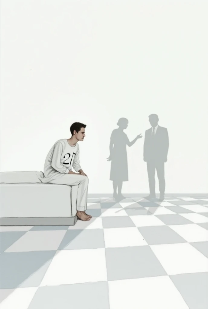  A white room with a checkerboard floor and ceiling  (all white)  in lateral perspective ,  in it there is a white bed on the right side and , above her ,  there is a man with short hair sitting in a white dress with the number 27 in the center of this clo...