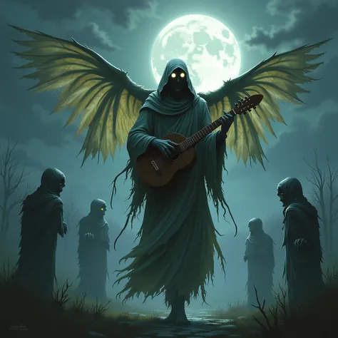 "A haunting, eerie scene featuring the same sylph bard, now wielding dark necromantic powers. His previously graceful figure has an unsettling aura, and his wings are tattered. He wears the same muted, natural-colored clothing, but now it appears worn and ...