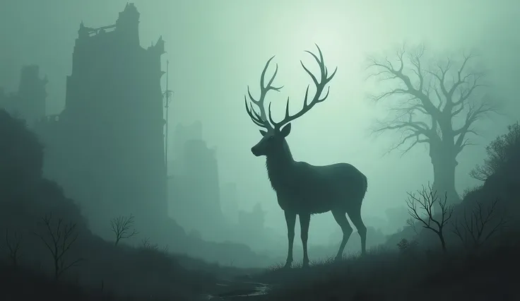 hard fog, surreal nature elements, dark fantasy, shadow deer