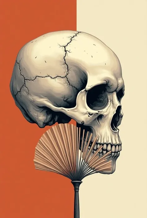  Generate a vector image of a female jarocha skull with a fan partially covering her face,
In two colors few details 