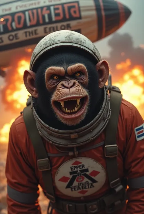 Chimpanzee astronaut with an angry expression laughing , Her costume has a round logo with the letters ZK ,  she is in the cockpit of a zeppelin that has a logo with the words Zeppelin Killer and the image of a chimpanzee, with explosions in the background