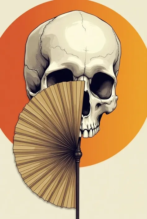  Generate a vector image of a female jarocha skull with a fan partially covering her face,
In two colors few details 