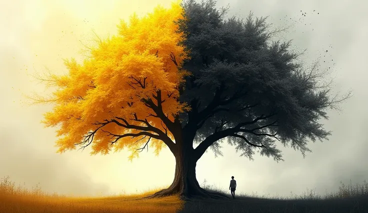 **Energy Change **:  A tree with different colored leaves , where yellow leaves represent positive thoughts and black leaves represent negative thoughts.
