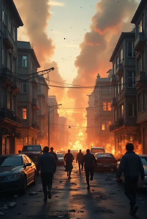 city with streets house cars and people in an earthquake and animated fire