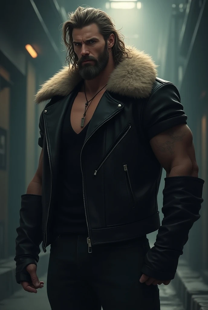 Image is a digital artwork featuring a muscular, fictional character with a rugged appearance. The character has long, wild hair and a beard, with a stern expression. His skin is a light tan color, and he is wearing a black leather jacket with a large fur ...