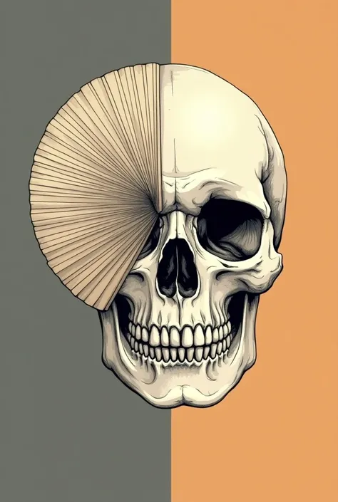  Generate a vector image of a female jarocha skull with a fan partially covering her face,
In two colors few details 