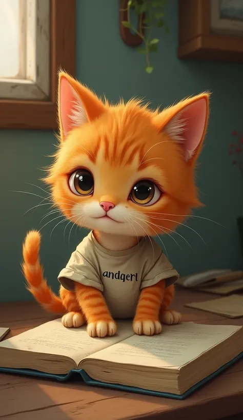 A small, cute, and poor-looking orange cat, wearing a tattered t-shirt doing study 