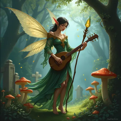 Create 2 images ,  one with a bard fairy  (masculine),  and the second with the same character ,  but with dark aspects of a necromancer.