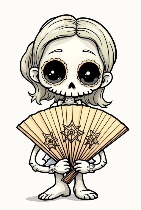 Generate a linear cartoon of a female jarocha skull with a fan partially covering her face in a cartoon
In two colors few details 