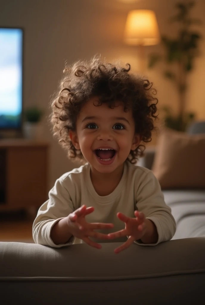  curly-haired  watching TV write Youre about to be a big sister on a television 