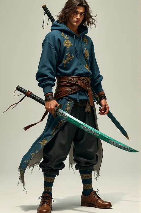 Make me the image of a 20-year-old Mexican man with brown hair in a ninja suit with a dark blue hoodie and black pants with leather shoes with a leather belt up to the right shoulder and on the right side a green katana with silver leaf with Mexican doodle...