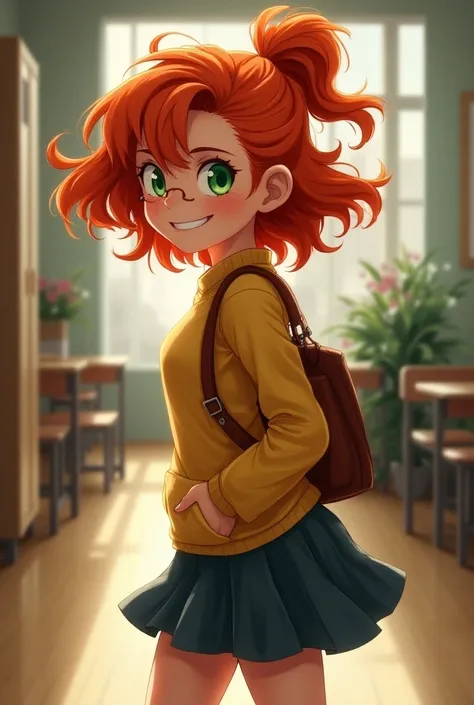 Redhead girl at school wearing all her clothes and looking back smiling