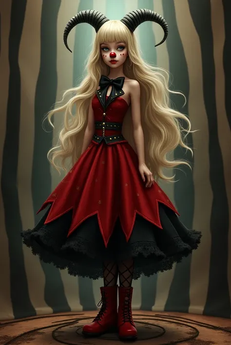 ((Desing)),((fanart))1girl, 
long hair,  blonde, parted bangs, clown nose, maria chuquinha, hypnosis eyes, black dots on the cheeks, red and black dress, black bow tie, red boots, black and white striped socks, tightrope bottom,circus.