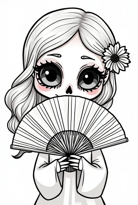 Generate a linear cartoon of a female jarocha skull with a fan partially covering her face in a cartoon
In two colors few details 