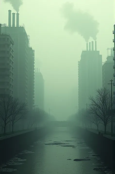 A modern city covered by a dense layer of smog , with smoke coming out of the chimneys and a polluted river in the foreground ".  Enter in a part of the image the word if you dont take care of yourself you take care of others with your planet which is also...