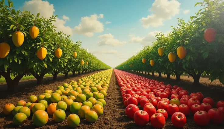 **Harvest and sow **:  A field divided into two ,  one with mangoes and the other with apples , , symbolizing the idea that you reap what you sow in your life.

