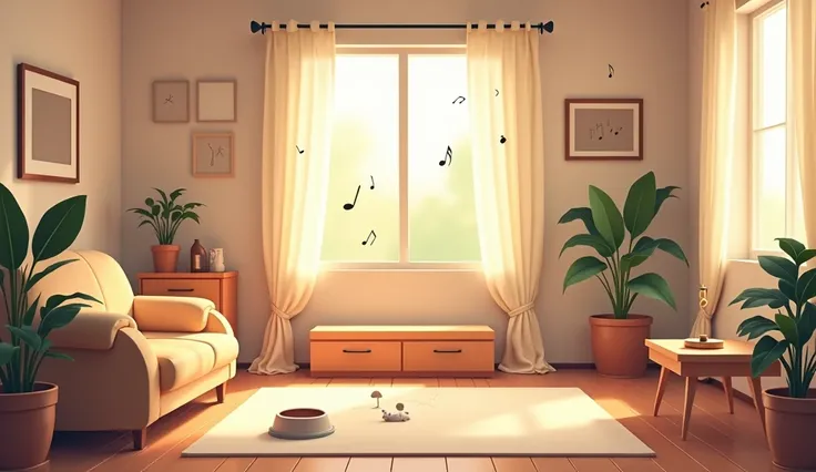 An animated living room in rotoscopia style, with soft classical music notes floating in the air. The room is cozy and cluttered, with a pet water bowl on the floor. The scene has warm tones, a relaxed vibe, and minimalistic details. Furniture includes a c...