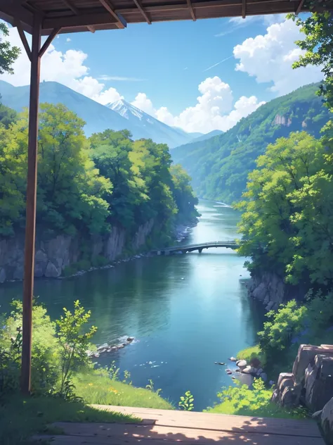 landscape, summer, きれいなriver, forest, unmanned, river, Blue Sky, Nobody,  Distant Mountain々 , 【HD Details,  Ultra Detailed , membrane,  hyperrealism, Soft light, Deep focus bokeh,  ray tracing , ãã¤ãã¼ãªã¢ãªãºã. , アートステーション pixiv Gwise, Makoto Shinkai, Art...