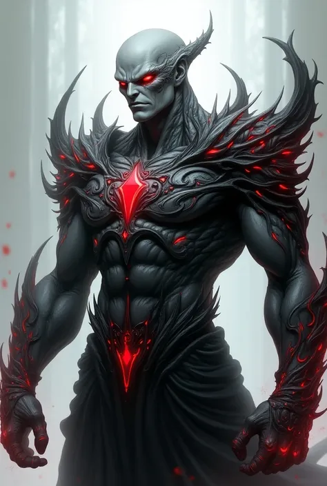 Image is a digital artwork featuring a fantasy character with a highly detailed and intricate design. The character is a muscular humanoid with pale gray skin and glowing red eyes, exuding an aura of power and menace. His facial features are sharp and angu...