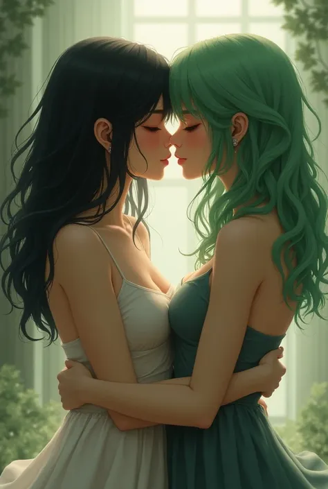 Girl having a kiss with another girl with black and green hair 