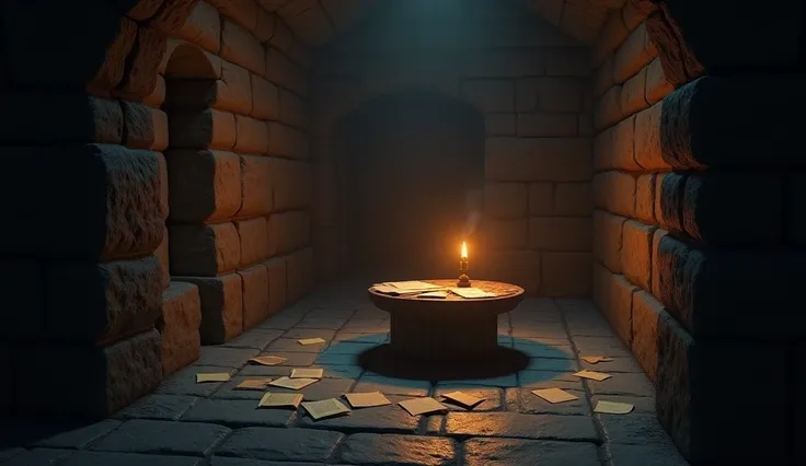 A medium shot of a dimly lit corner of the palace, with stone walls and a single torch flickering on the wall. There is a small table with scrolls and documents scattered across it, and the shadows cast by the torchlight give the space a secluded, secretiv...