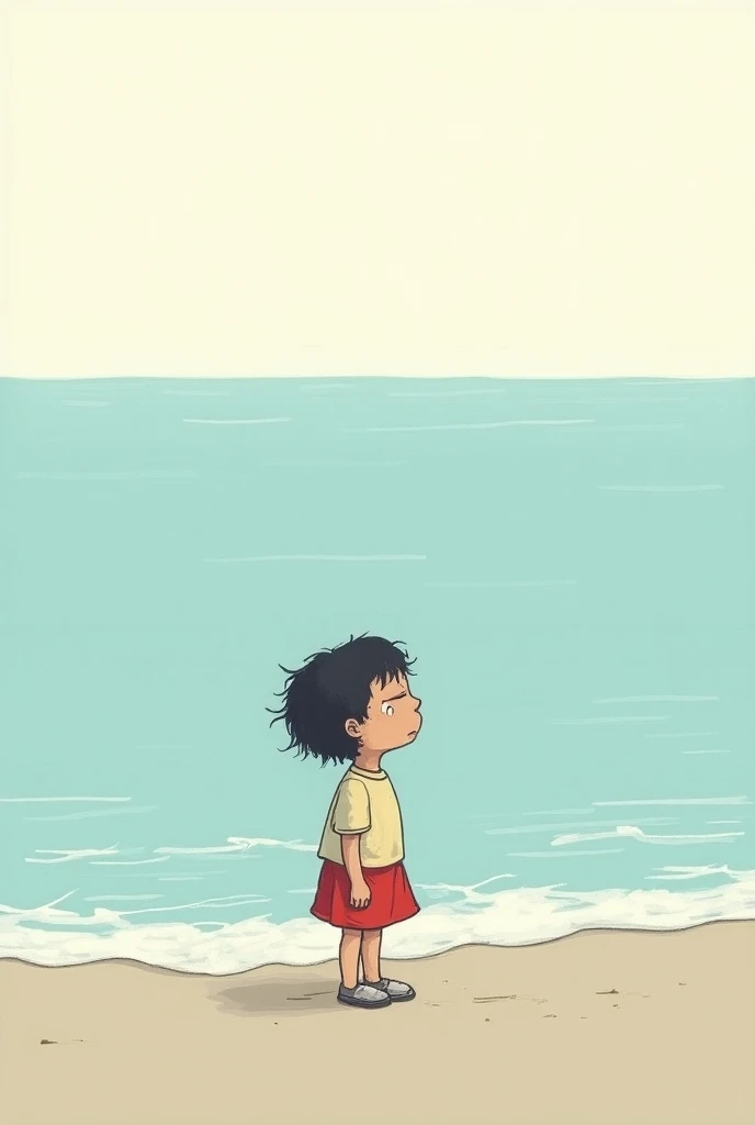 A girl crying on the shores of the sea to give a drawing that is easy to draw and that is not realistic, that looks like it was drawn by a  boy