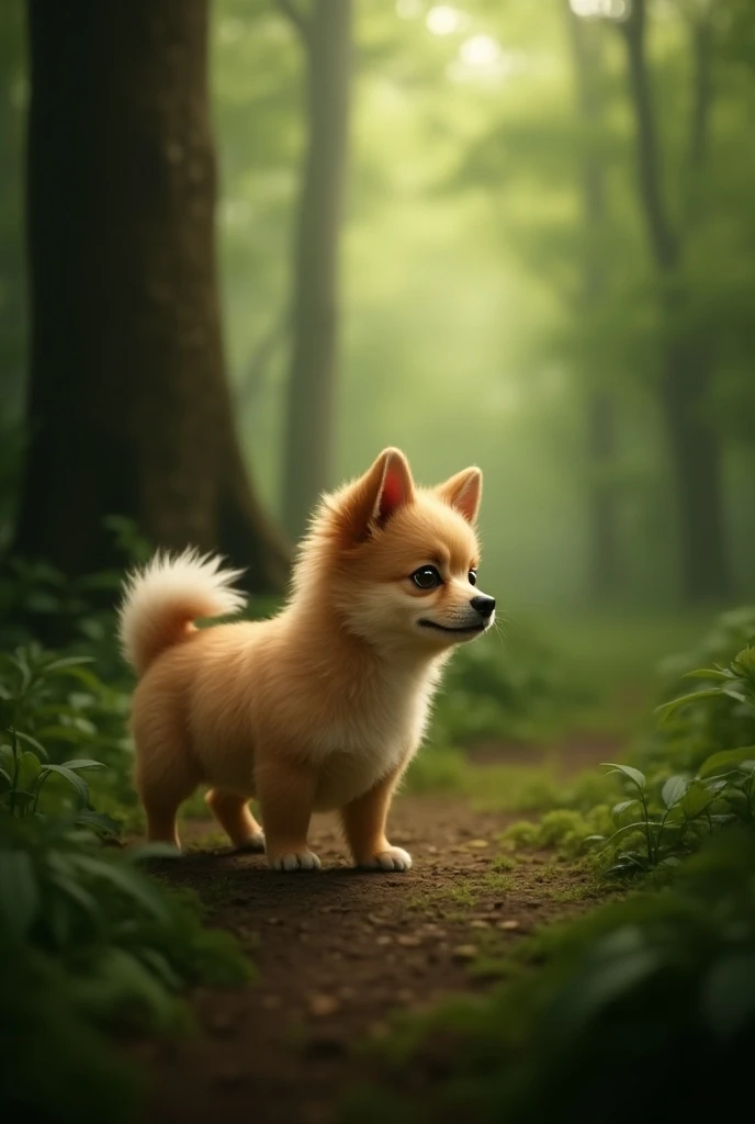 Scene 2: The Dog Stopping to Listen

As the dog moves deeper into the forest, it suddenly stops in its tracks. The small, fluffy dog with soft, golden fur stands still, its big, brown eyes wide with alertness. Its ears are perked up, and its head tilts sli...